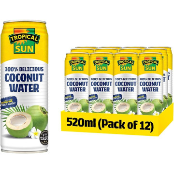 Tropical Sun 100% Delicious Natural Coconut Water 520ml  x 12 Cans (Uk Import)